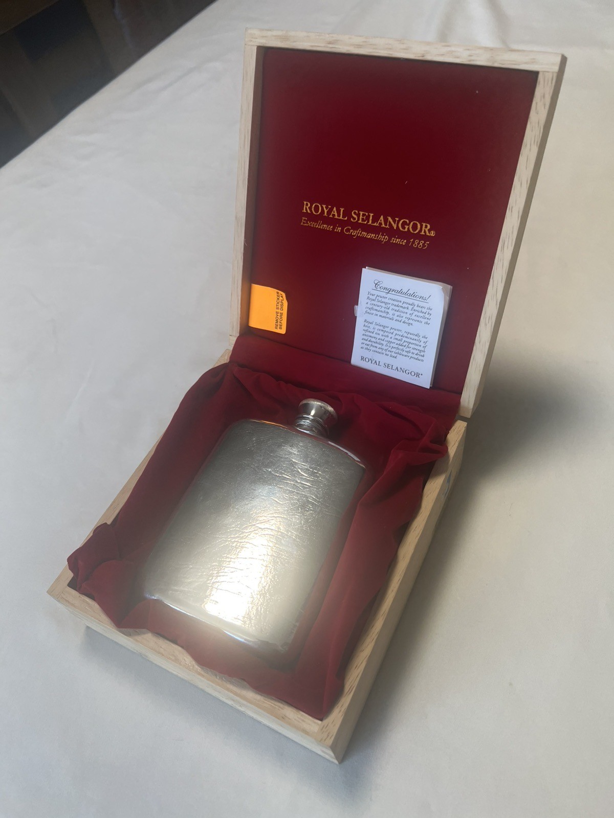 Vintage Royal Selangor Pewter Flask in Wooden Box with Paperwork & Funnel
