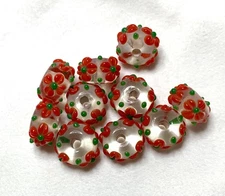 10 Handmade Lampwork Glass Christmas Beads -Red, Clear and Green Flowers - Cute.