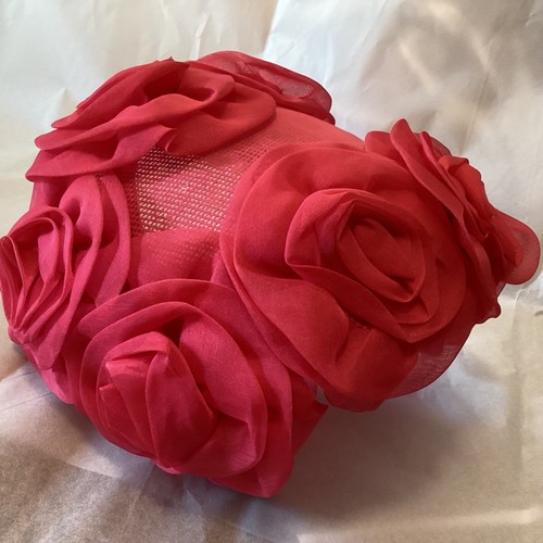 1950'S WOMEN'S SKULL CAP HAT FUCHSIA CHIFFON ROSES VINTAGE - Picture 14 of 18