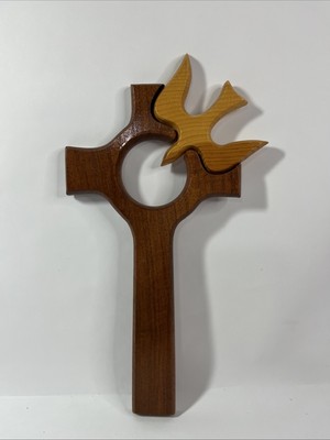 Vintage Hand Crafted Wooden Pine Mesquite Cross with Dove 10.5  Crucifix Christ