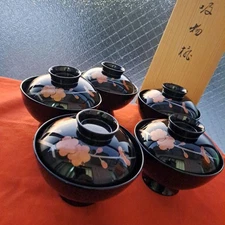 Echizen Lacquerware Plum MakiE Soup Bowls Set 5 Natural Wood Unused Rare