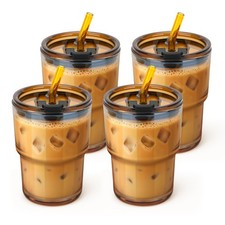 13 oz Glass Tumbler with Glass Straw and Lid, Leak-Proof Reusable Travel Cup ...