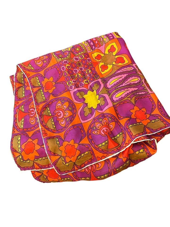 Винтажный шарф в стиле 1960-х 30 дюймов психоделический цветочный квадратный оранжевый фиолетовый ручной рулон - Изображение 2 из 4
