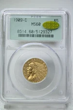 1909-D $5 Indian Head Gold Half Eagle PCGS MS 60 Gold CAC OGH #9327