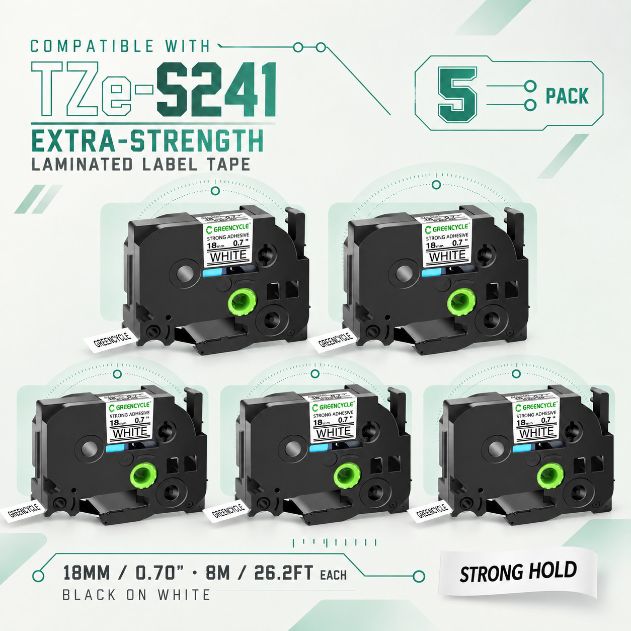 Black on White TZ-S241 Extra Strength Tape 18mm x 8m for Brother PT-D800W 5PK