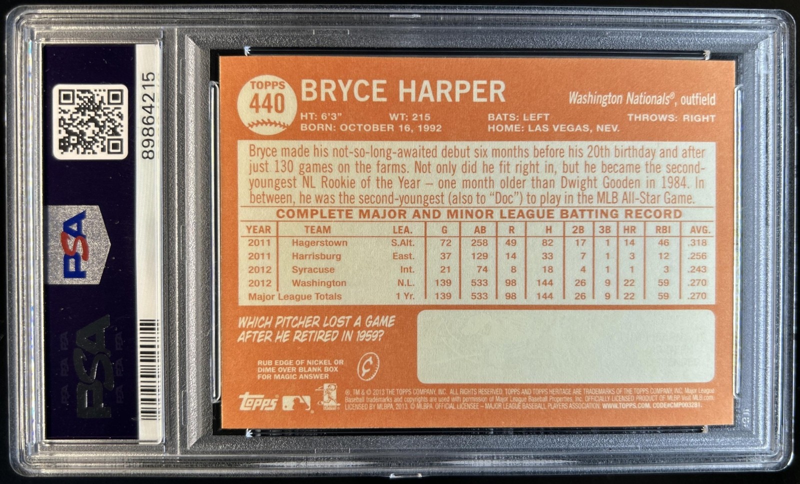 2013 Topps Heritage Bryce Harper All-Star #440 Nationals PSA 9 view 2