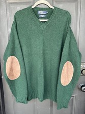 Vintage Polo Ralph Lauren Alpaca Wool Pullover V Neck Sweater Suede Elbow Patch