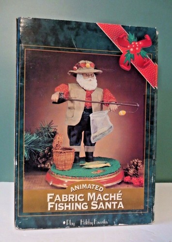 NEW in Box NORTH POLE PRODUCTIONS Animated Fabric Mache FISHING SANTA - 10 1/2" - Picture 2 of 12