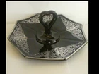 VTG Black Glass Serving Tray Center Handle W Silver Phoenix Bird by Urn Motif