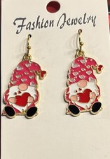 Valentines Gnome Earrings, Hearts, Dangle, Gold Tone On Sale.