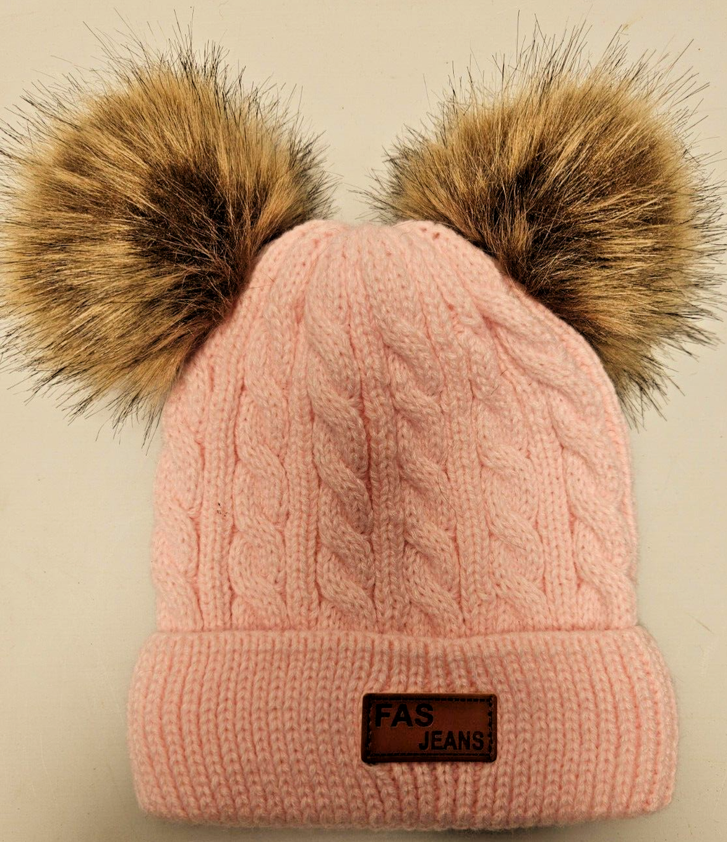 Super Cute Girls FAS Pink Knit Double Pom Beanie/ One Size