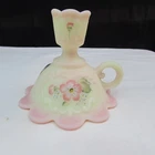 Fenton Burmese Basketweave Floral Hand Painted Chamber Candlestick Holder W2006
