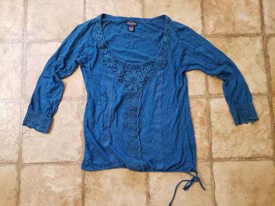 Lucky Brand Women's Live In Love Boho Blue Top Peasant Blouse Shirt XS  Xsmall