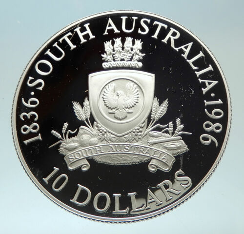1986 SOUTH AUSTRALIA UK Queen Elizabeth II Silver 10 Dollar Coin i76629
