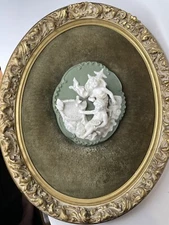 Schafer & Vater Children Feeding Birds Porcelain Wall Plaque Velvet Framed