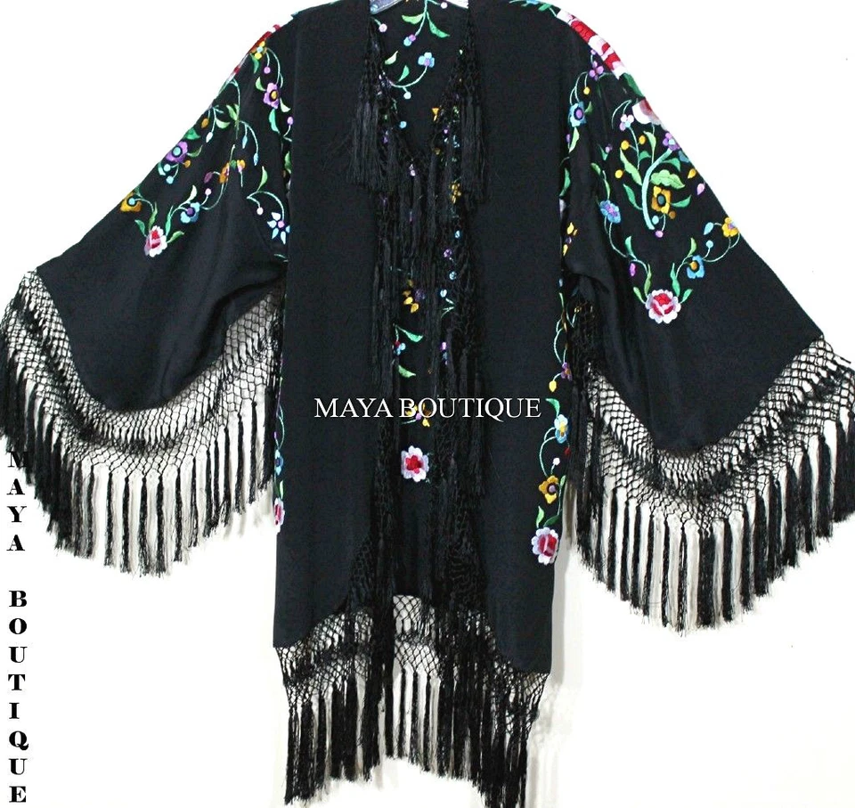 Вышитый шелк бахрома куртка фламенко кимоно черный мульти короткие майя Matazaro - Изображение 2 из 4
