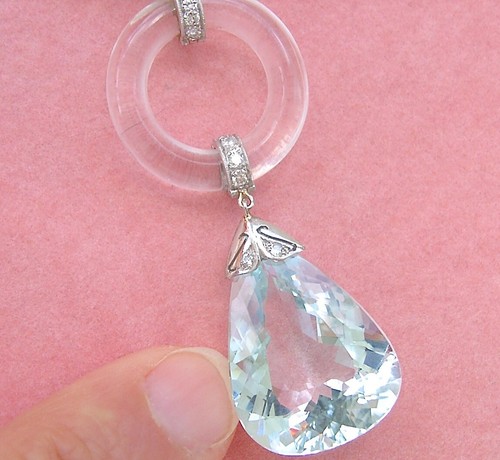 ESTATE DECO 1.2ctw DIAMOND 19ct PEAR AQUAMARINE ROCK CRYSTAL PENDANT NECKLACE - Picture 8 of 23