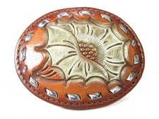 Western Leather Flower w Silver Tone Threading Belt Buckle Unbranded 11315