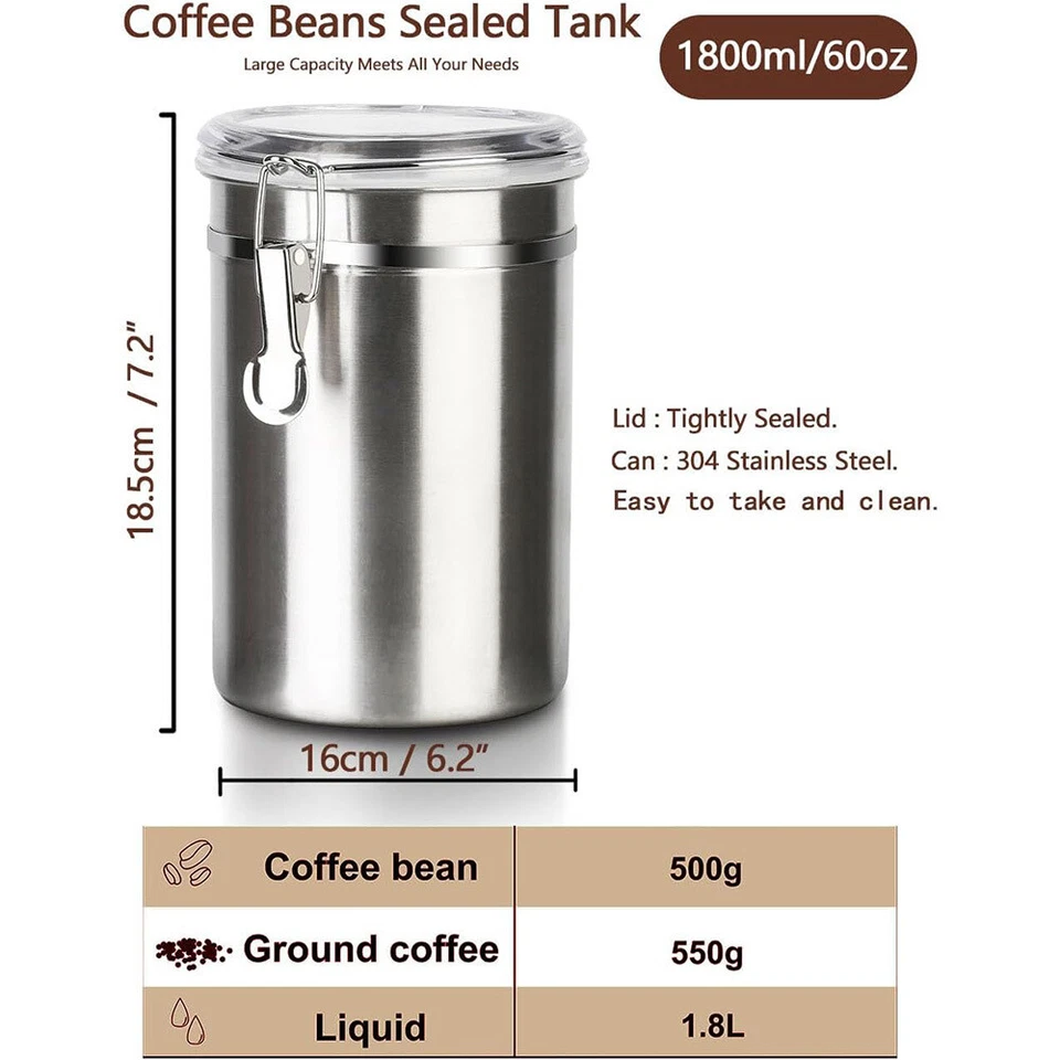 Contenedor hermético de almacenamiento de cocina de acero inoxidable de 1,8 L para café Foto 3 de 4