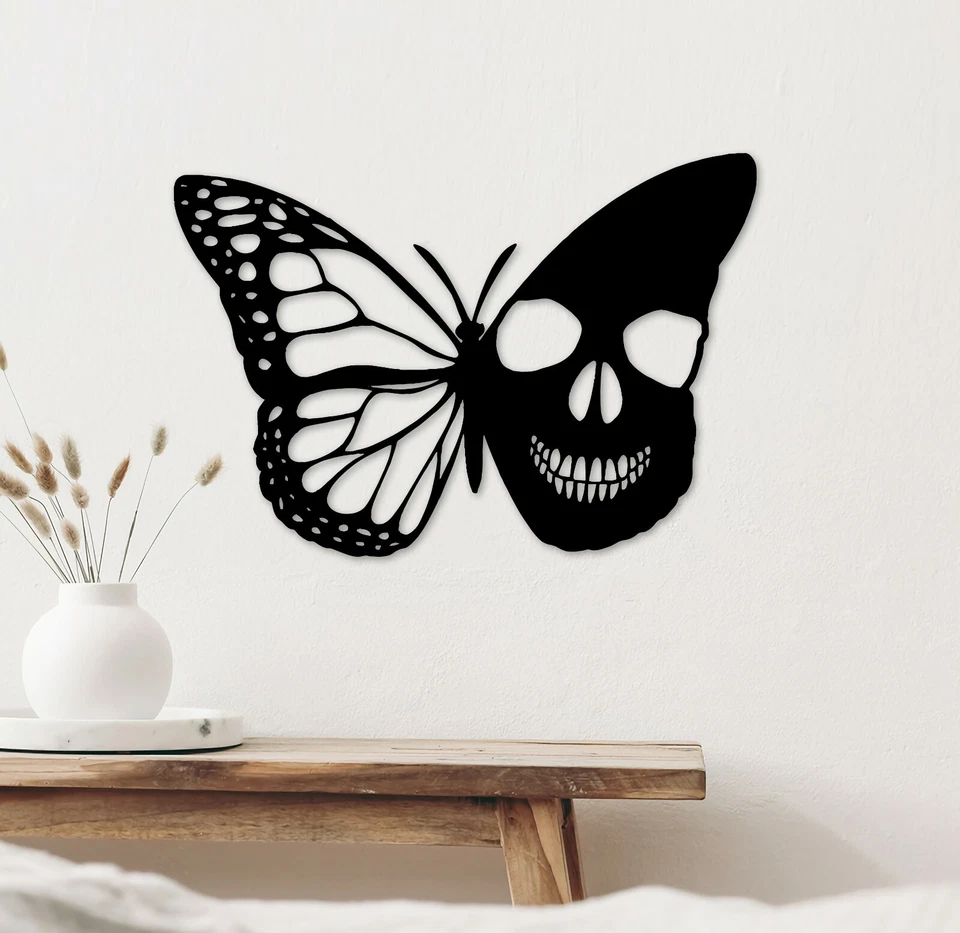Letrero de arte de pared con calavera de mariposa de metal rústico colgante decoración de pared hogar garaje Foto 3 de 4