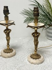 Antique Classical Brass Cherub Table Lamp With White Marble Plinth