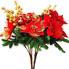 2 Pcs Glitter Xmas Poinsettia Bouquet with Pine Berries for Holiday Home Decor