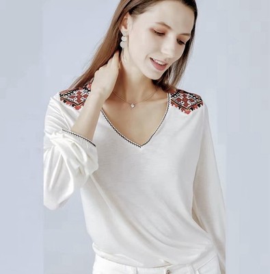 Massimo Dutti Boho Embroidered V-Neck Top Ivory Long Sleeve Women's Size Small