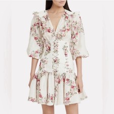 Zimmermann $798 Honour Floral Corset Short Mini Cream Linen Dress Sz 10 EUC
