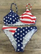 New Womens 2pc Patriotic americn Flag Bikini Swimsuit size Large Red White Blue