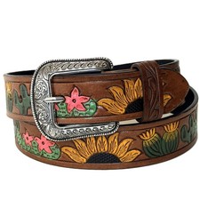 Handmade Tooled Leather Western Belt: Sunflower design Handpainted Cowhide, 1.5"