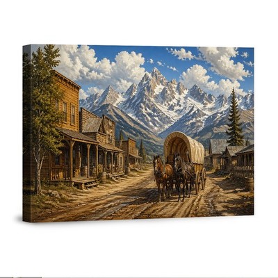Western Mountain Town Canvas Wall Art Rustic Landscape Horse Wagon Print