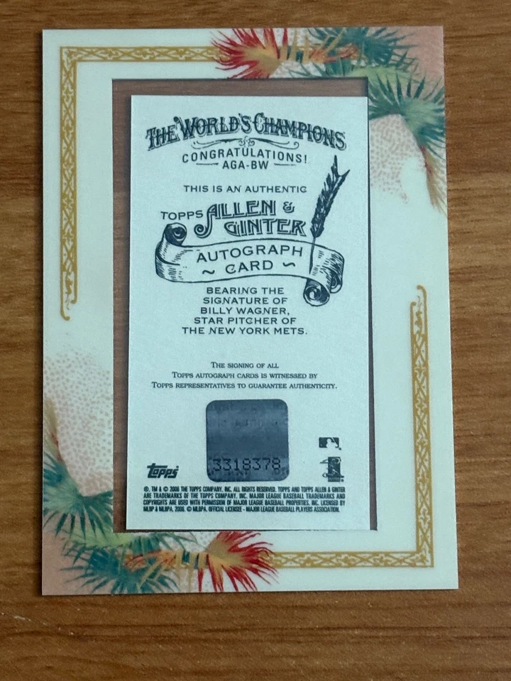 2006 Topps Allen & Ginter #AGA-BW Billy Wagner Autographs - Image 2 of 2