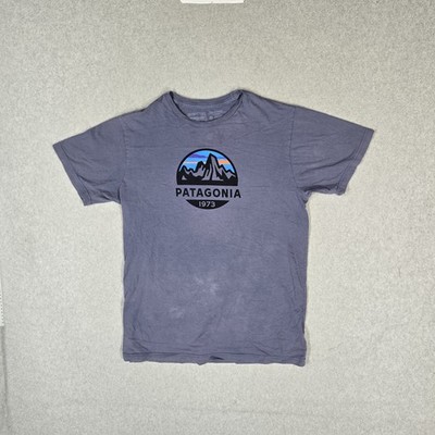 Patagonia Men Shirt M Blue Organic Cotton Mountains Logo Tee Slim Short Sleeve