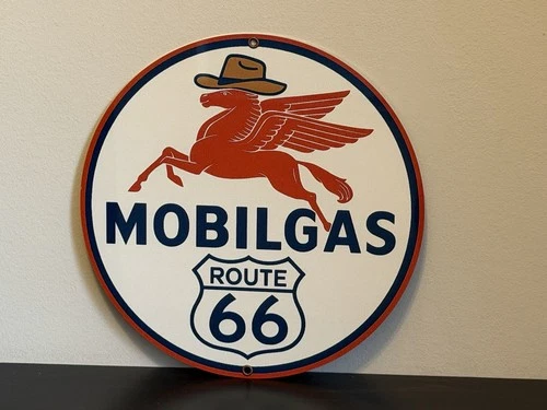 Hi Gloss Mobilgas Mobil Gasoline Self Route 66 Cowboy Vintage  Style Sign