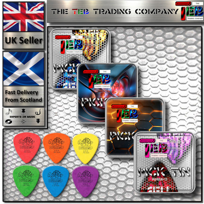 Die TEB Plektrum-Dose: Dose + 6 Dunlop Tortex - eine von jeder Größe - Gitarren-Plektren - UK