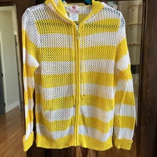 The Quacker Factory Vtg Yellow Net Cover Up Hoodie Jacket Flip Flop Zipper Pull