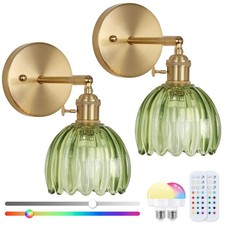 Vintage Wall Sconce Set of Two, Battery Operated Wall Sconce with Deep Green ...