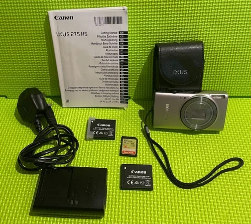 Canon IXUS 275 HS Digital Camera Silver Charger 2 Batteries Case 16GB SD Manual