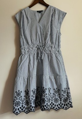 Rachel Zoe V-Neck Striped Dress with Faux Wrap and Embroidered Hem Size Large