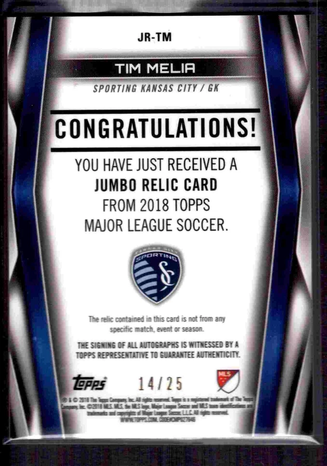 2018 Topps MLS Jumbo Relic autograph Tim Melia 14/25! Sporting Kansas City - Image 2 of 2