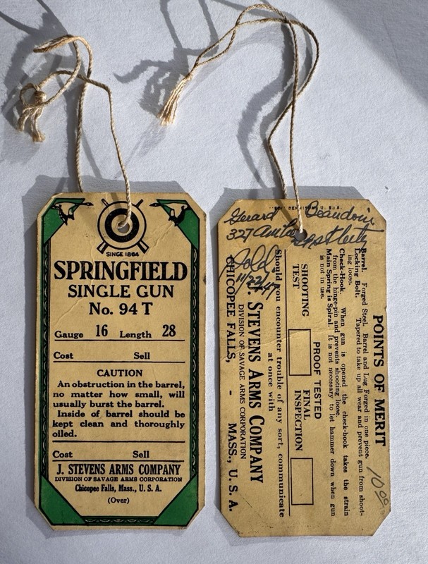 1940’s Original, J. Stevens ( Savage) Hang Tags For No. 94 T Guns . 12 GA & 16Ga
