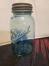 VTG 1913-1923 Ball Perfect Mason Blue Glass Jar Quart #3 Zinc Lid #a