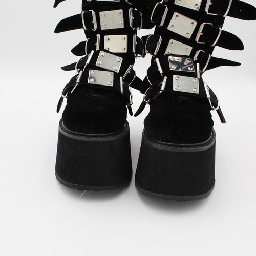 Demonia Trinity Plateau hohe Stiefel Damen 8 schwarz Samt Gothic Punk Schnalle - Bild 3 von 11