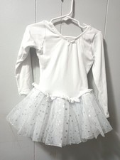 white long-sleeved girls' ballet leotard with a sparkle tutu skirt 3-4