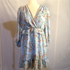 Max Studio London Women's Light Blue Floral 3/4 Sleeve Chiffon Dress XL