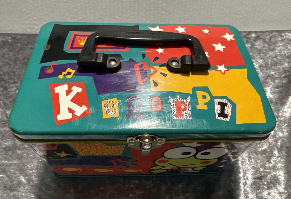 Vintage Sanrio Keroppi Frog Metal Green Tin Handle Storage Case