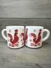 Vintage Hazel Atlas Red Rooster Milk Glass Mugs Set Of 2 Capacity 8 Oz.