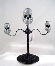 Glittered Skull Candelabra Gothic Halloween Decor Black Metal Candle Holder