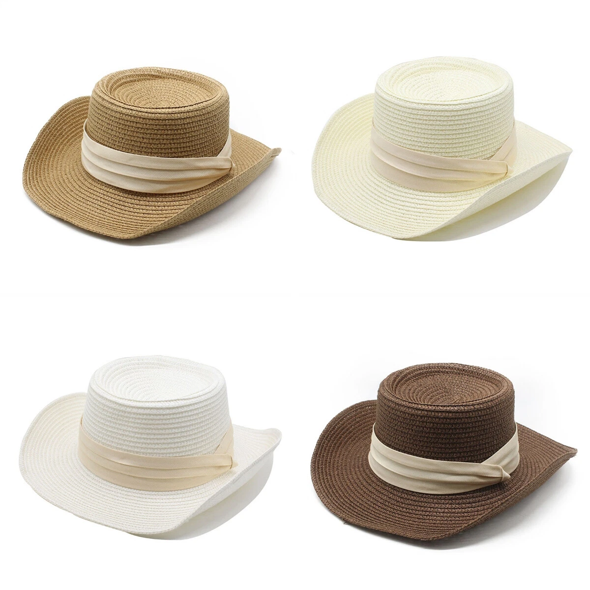 Women Holiday﻿ Summer Beach Flat Top Hat Panama Straw Hat Sunshade Cap With Band
