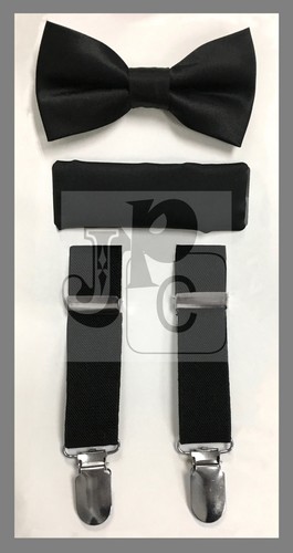 New Kid Boy's 3 pieces Clip Suspender Bow tie & Pocket Square Hankie Prom Formal - Picture 3 of 15